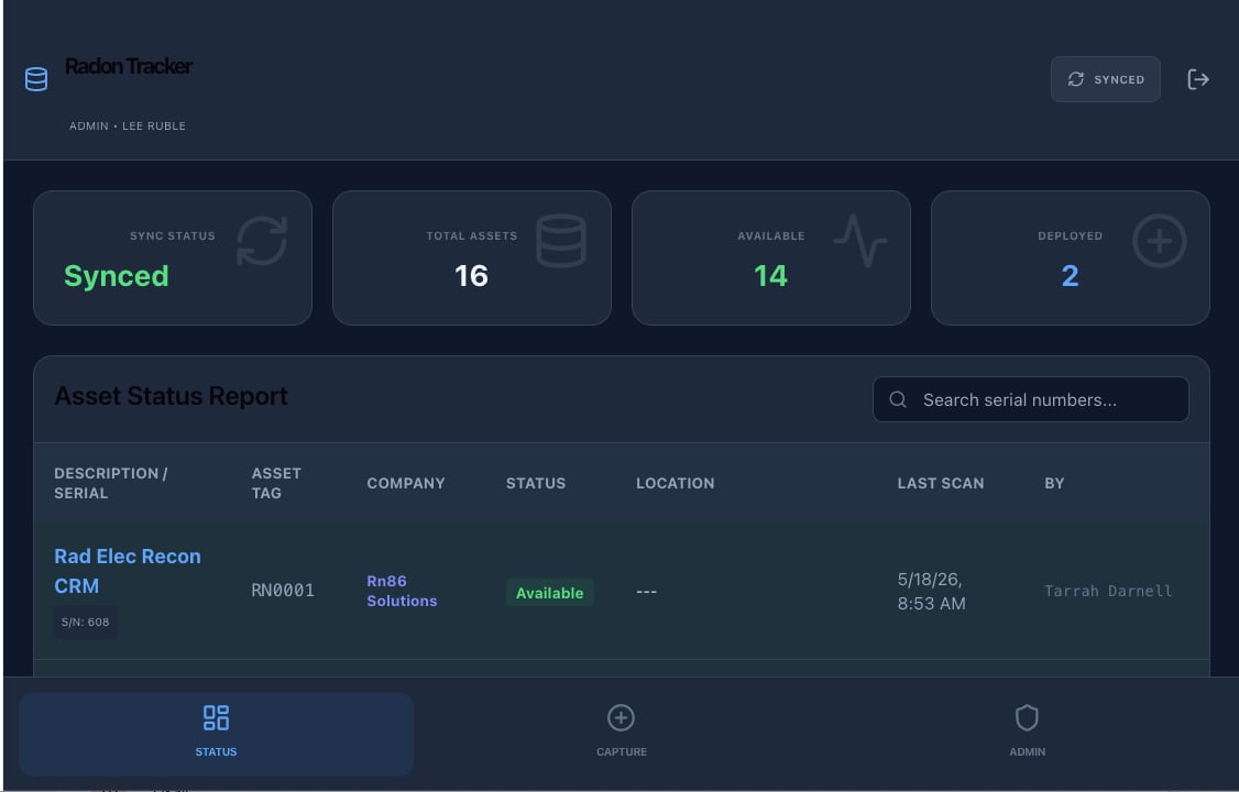 RadonLogix dashboard showing radon equipment tracking with asset status, deployed units, and company assignments